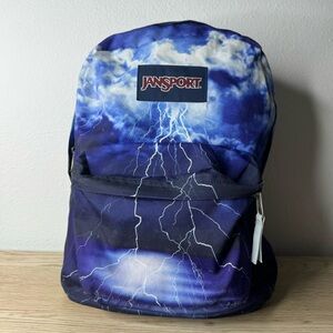 Jansport High Stakes Blue and Black Lightning Backpack 16" Tall Stains‎ See Pics